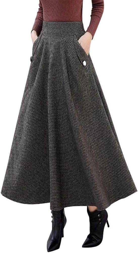 IDEALSANXUN Womens High Waisted Wool Plaid A-line Long Skirt