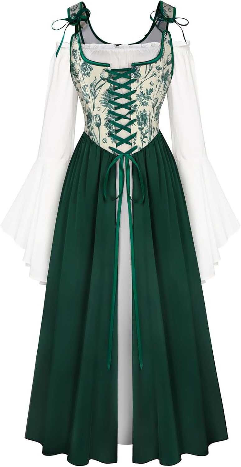 Renaissance Costume Floral Lace Up Bell Sleeve Peasant Dress