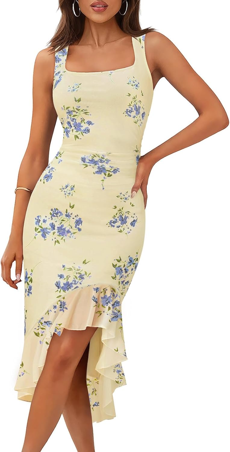 Floral Bodycon Dress for Women - Summer Ruffle Hem Style