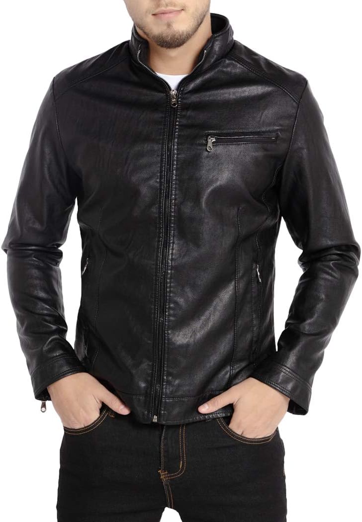 WULFUL Men's Stand Collar Leather Jacket for All Seasons Wear
