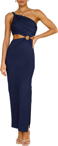 Women One Shoulder Sleeveless Maxi Dress - Cutout Bodycon Fit