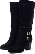 Womens Mid Knee High Slouchy Faux Leather Boots - Chunky Heel
