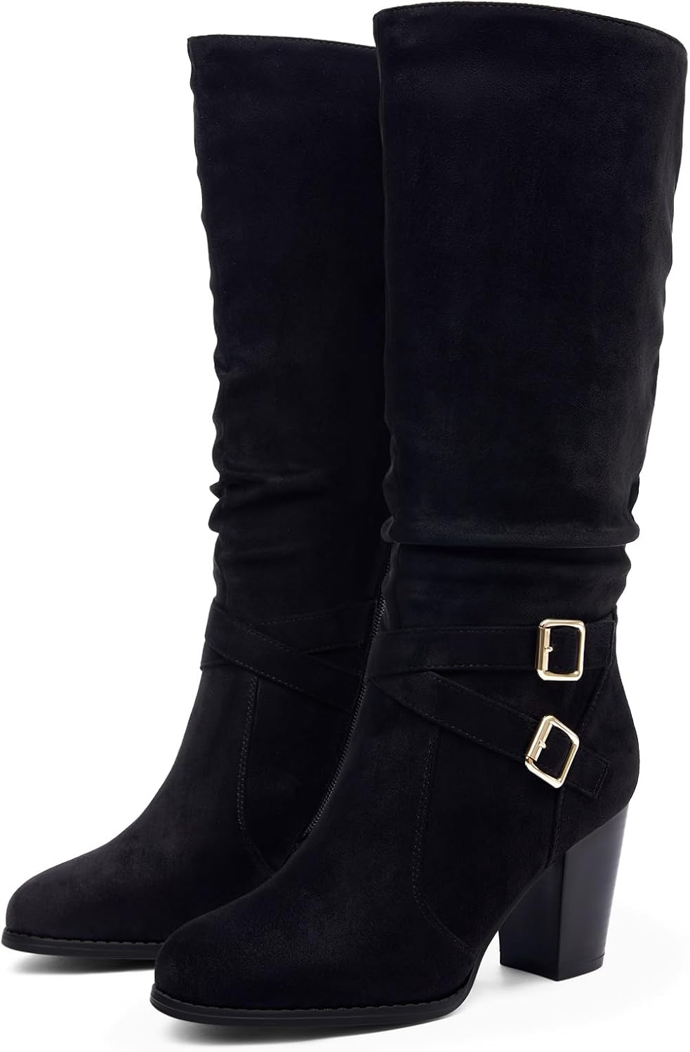 Ermonn Womens Mid Knee High Boots with Chunky Heel Design