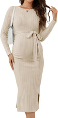 Rib Knit Crewneck Maternity Sweater Dress with Belt - Cozy Fit