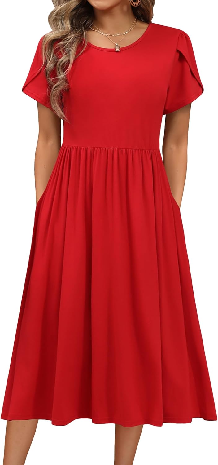 HOTOUCH Women's Summer Short Sleeve A-Line Midi Dress for Style