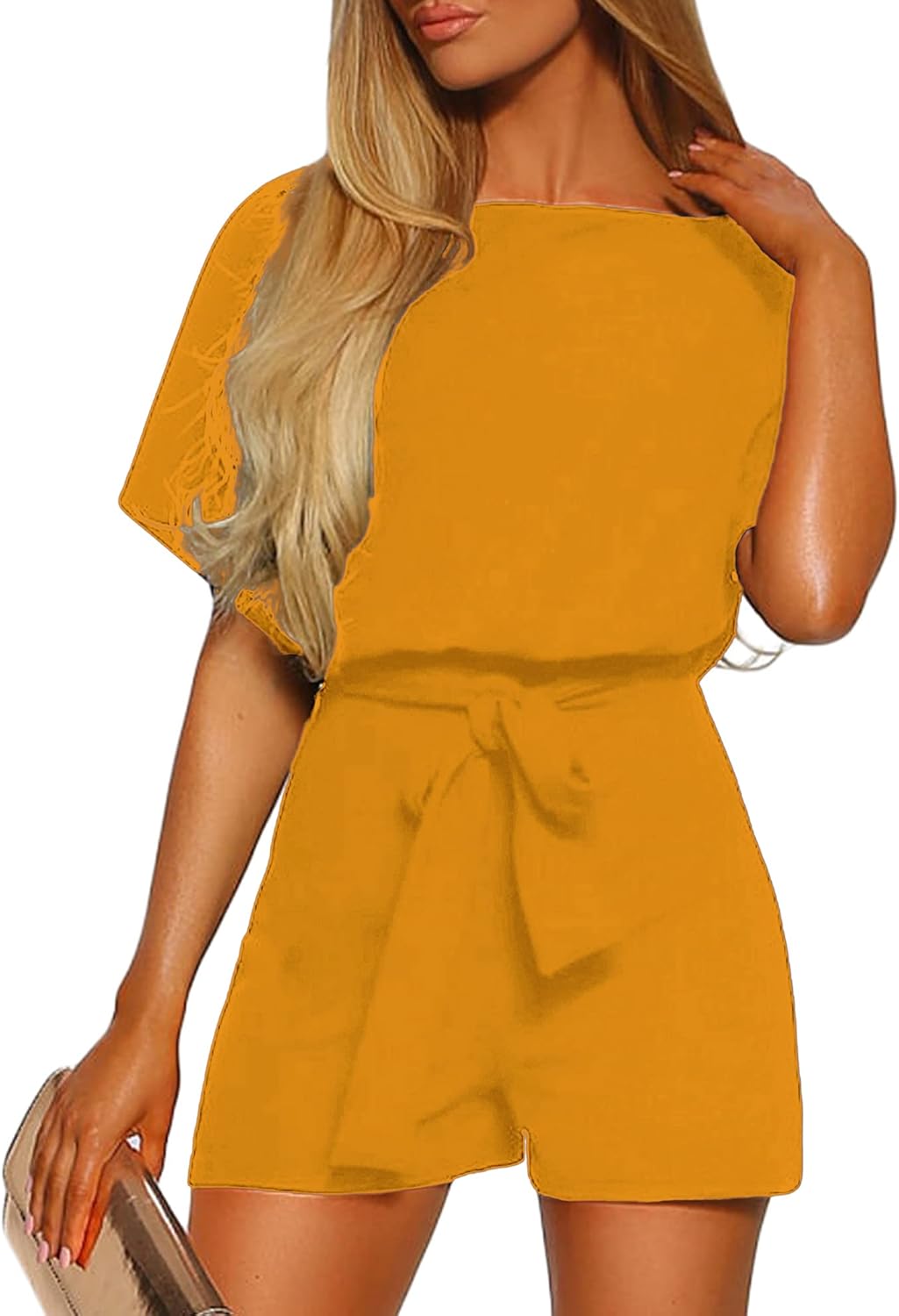 Vetinee Womens Summer Belted Romper with Keyhole Back Design