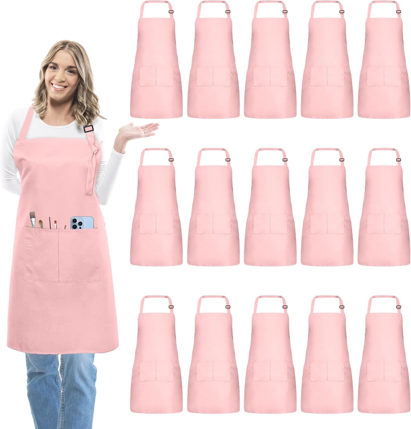 15 Pcs Adjustable Bib Chef Aprons with Pockets for Cooking