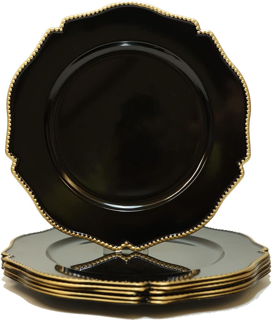 Black Scalloped Charger Plates with Gold Beaded Rim for Events