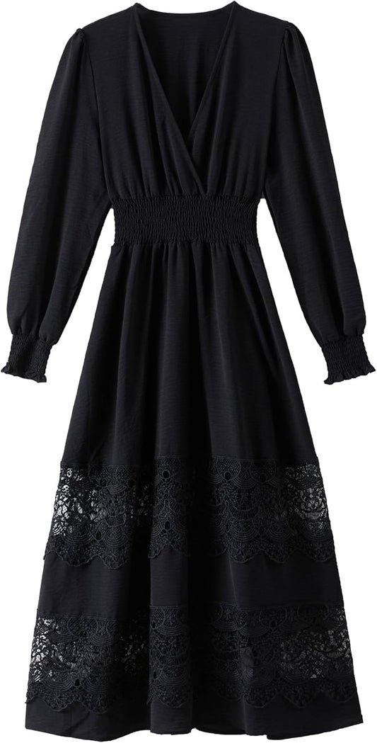 Women's Lace Maxi Dress with Smocked Waist for Boho Style