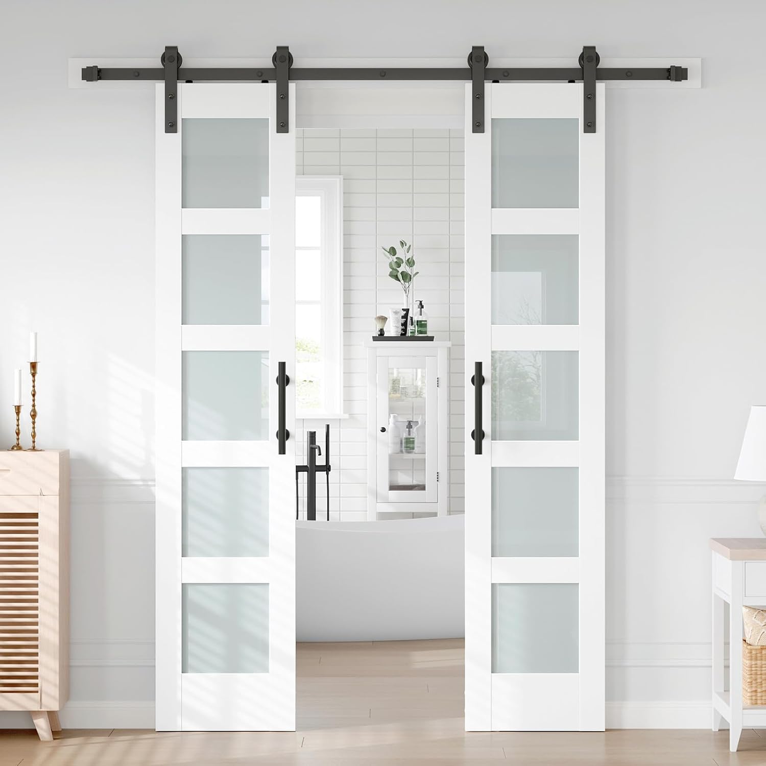 FREDBECK Double 18 x 84 inch White Glass Barn Doors with Kit