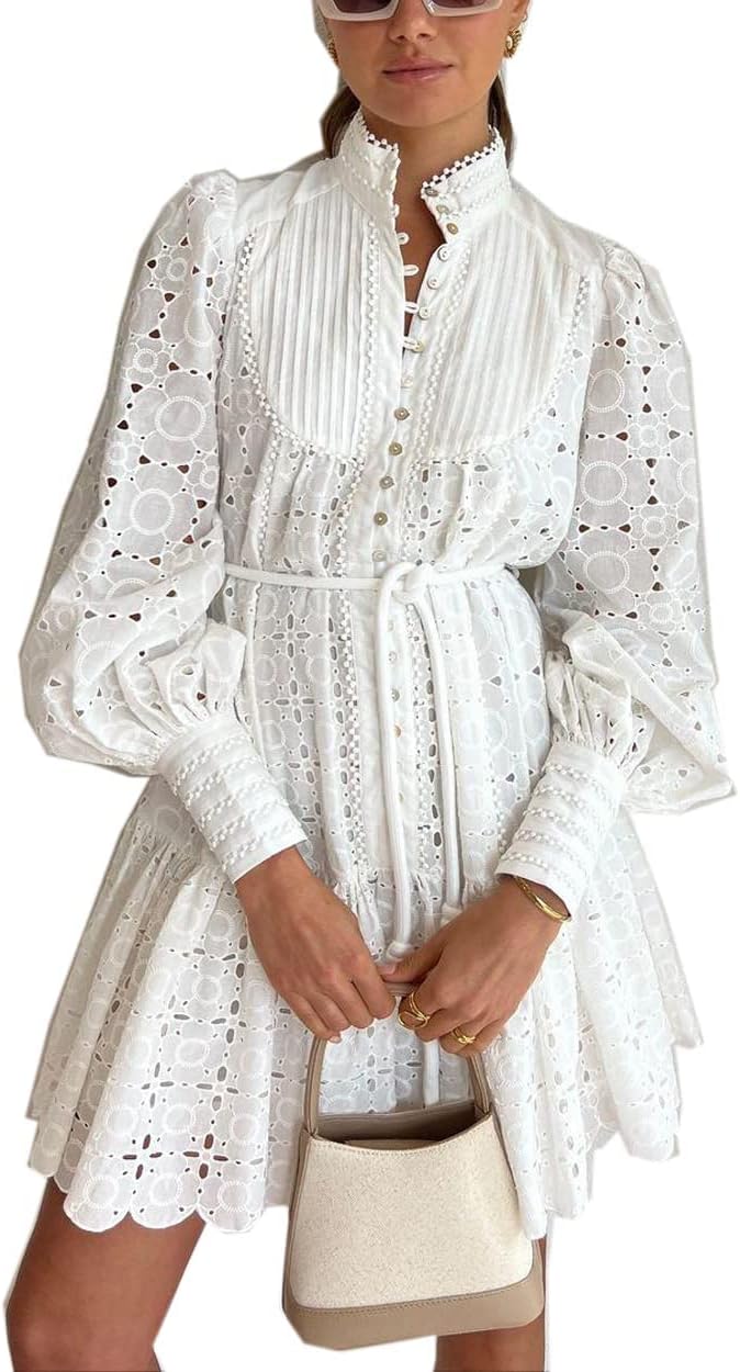 Aofur Summer Cotton V Neck Long Sleeve Casual Party Dress