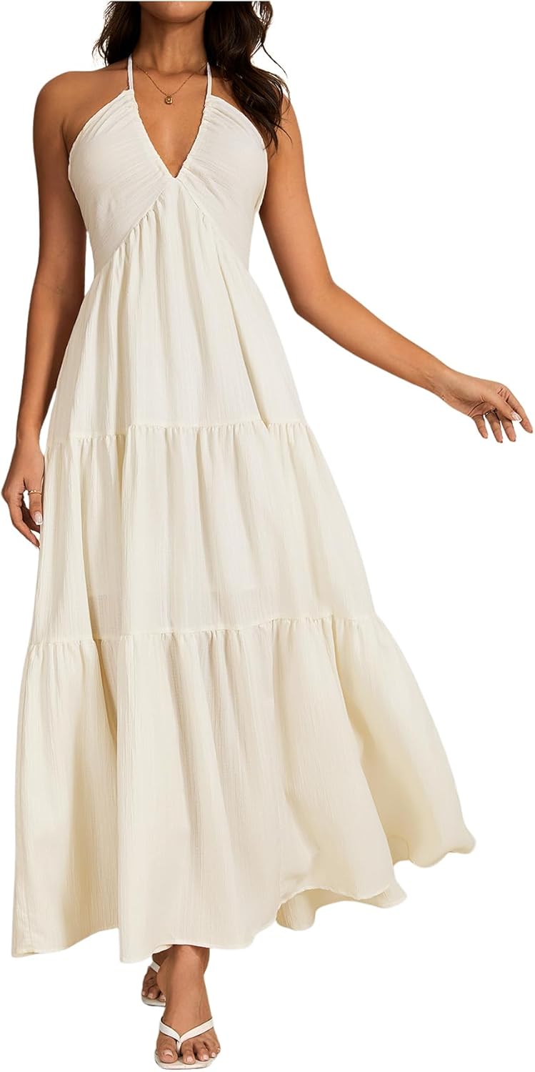 OYOANGLE Women's V Neck Tie Backless Halter Dress for Elegance