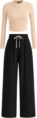 PRETTYGARDEN Women's 2 Piece Set - Cozy Crop Top & Wide Leg Pants