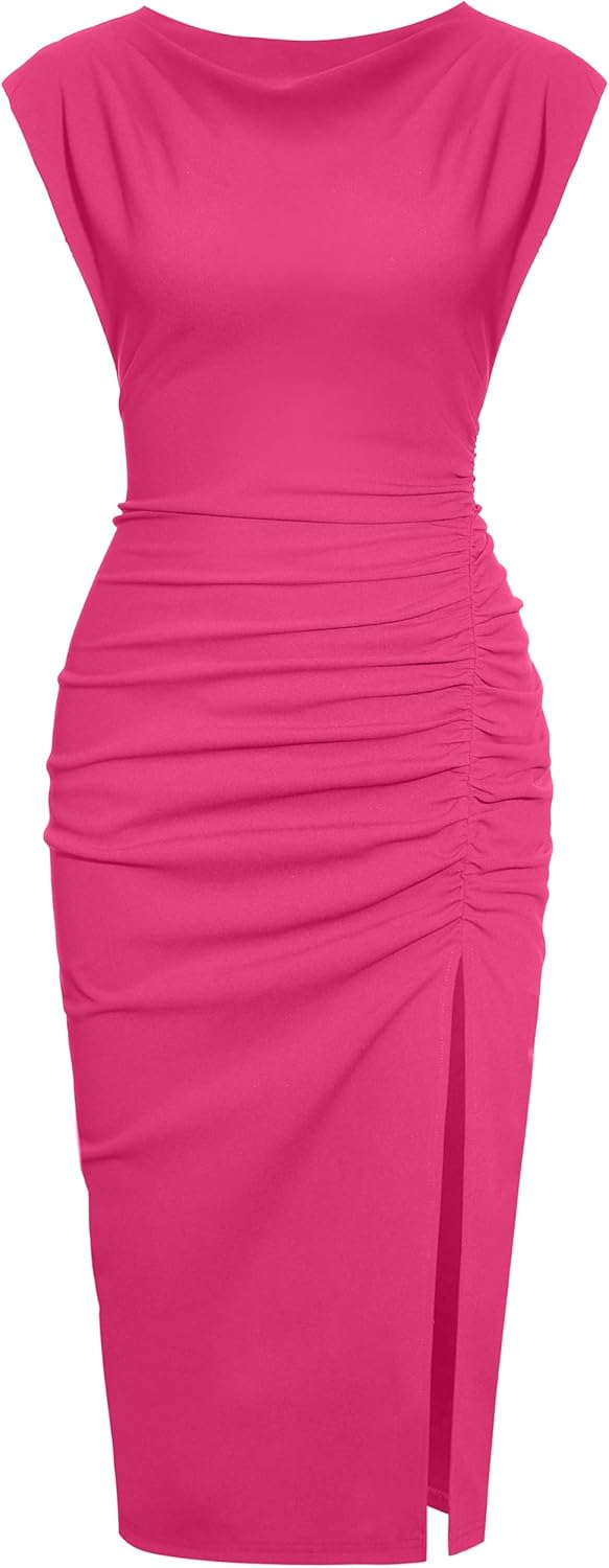 IHOT Women's Mock Neck Side Slit Ruched Bodycon Midi Dress