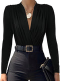 LYANER Women's Wrapped V Neck Ruched Long Sleeve Bodysuit - Sleek Fit