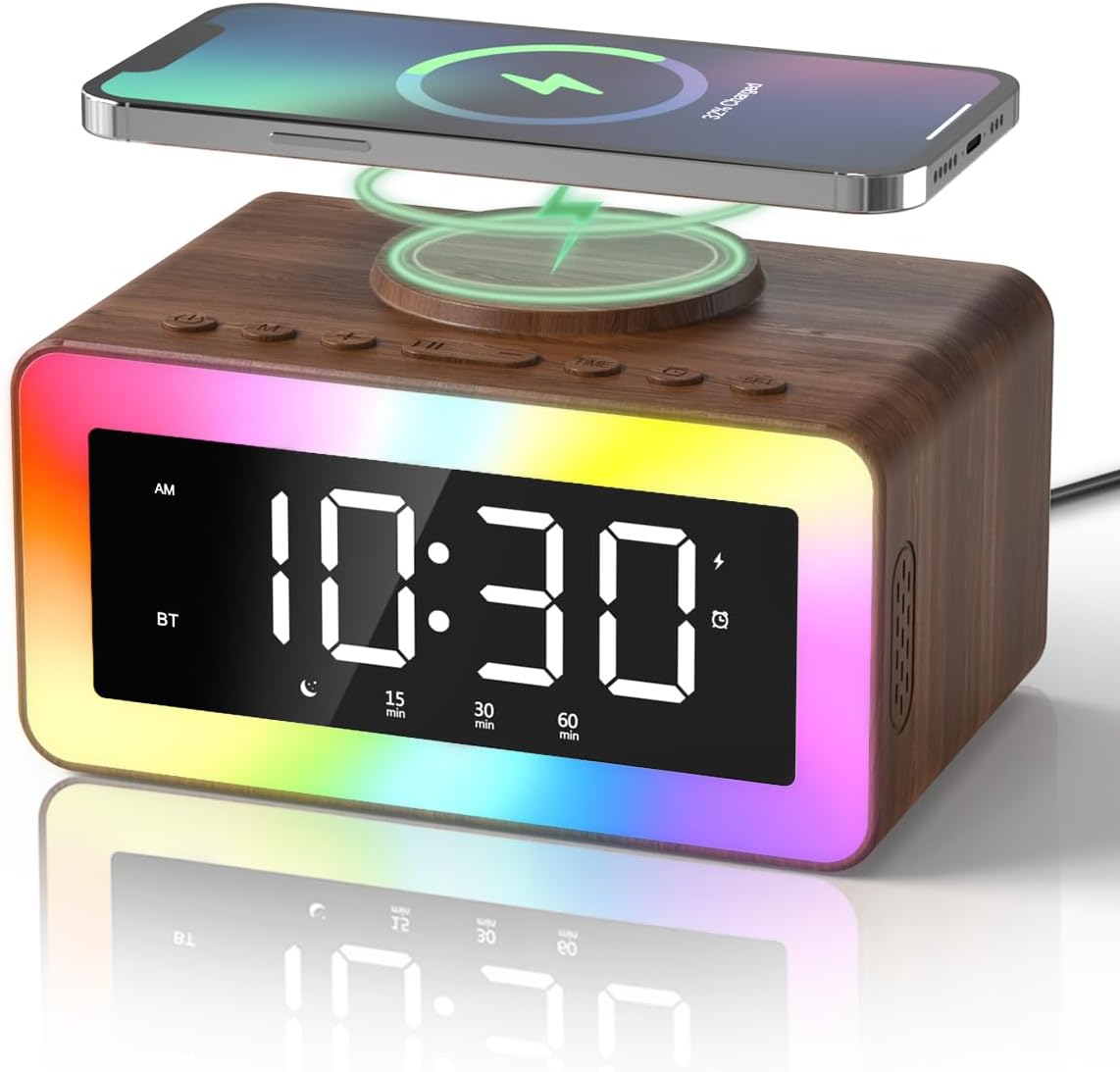 Alarm Clock with Wireless Charging and Bluetooth Speaker Features