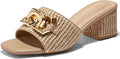 Raffia Slide Sandals Chunky Block Heeled Square Open Toe - Dressy take