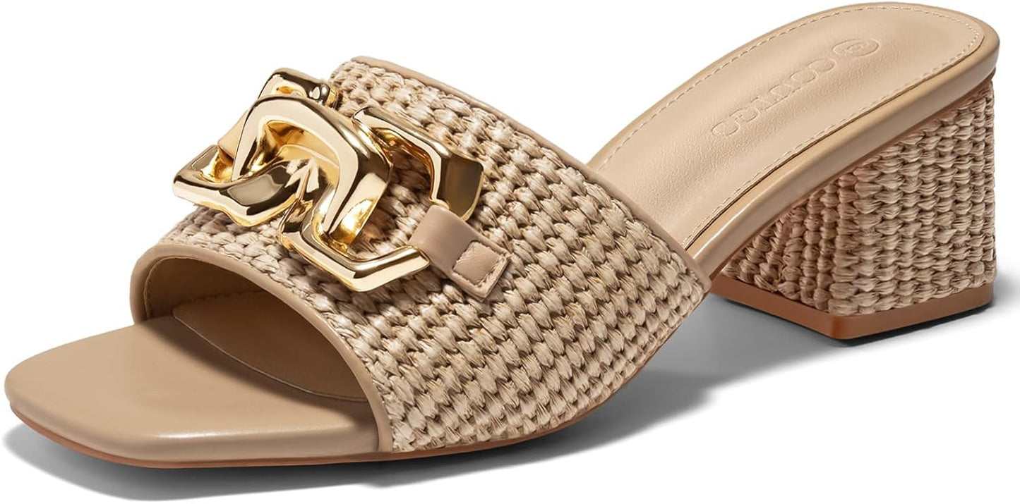 Coutgo Womens Raffia Slide Sandals with Chunky Block Heel