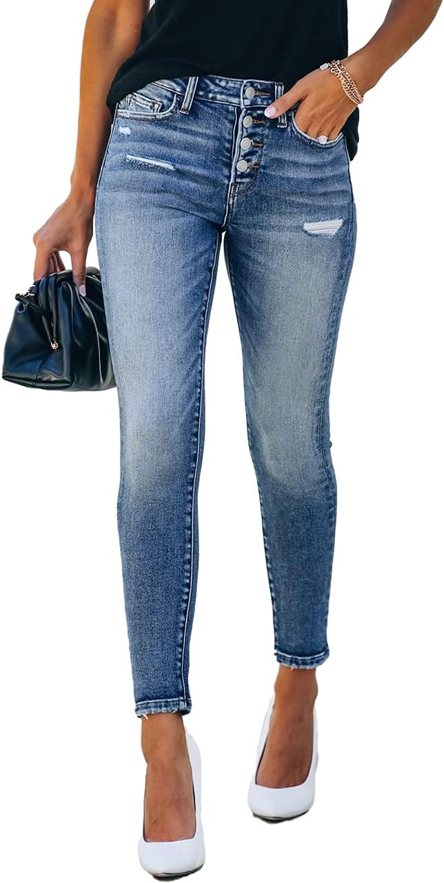 Allimy Women's High Rise Skinny Stretch Button Ripped Jeans