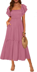 Womens Summer Midi Dress Square Neck Ruffle Sleeve - Flowy Fit