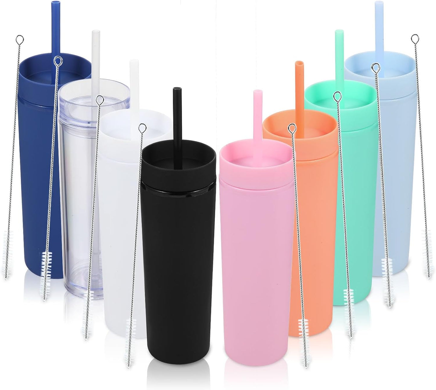 16oz Plastic Skinny Tumblers with Lid and Straw - 8 Pack Set