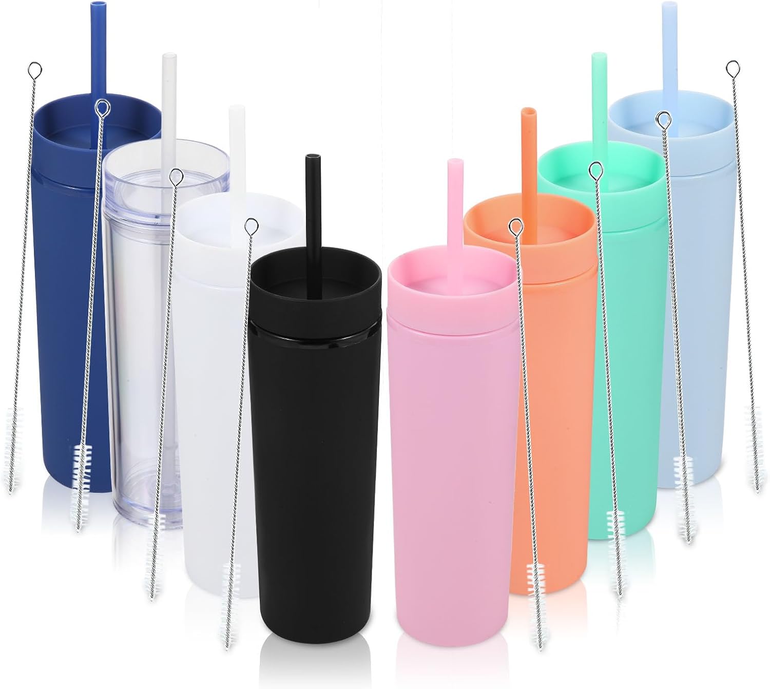 16oz Plastic Skinny Tumblers with Lid and Straw - 8 Pack Set