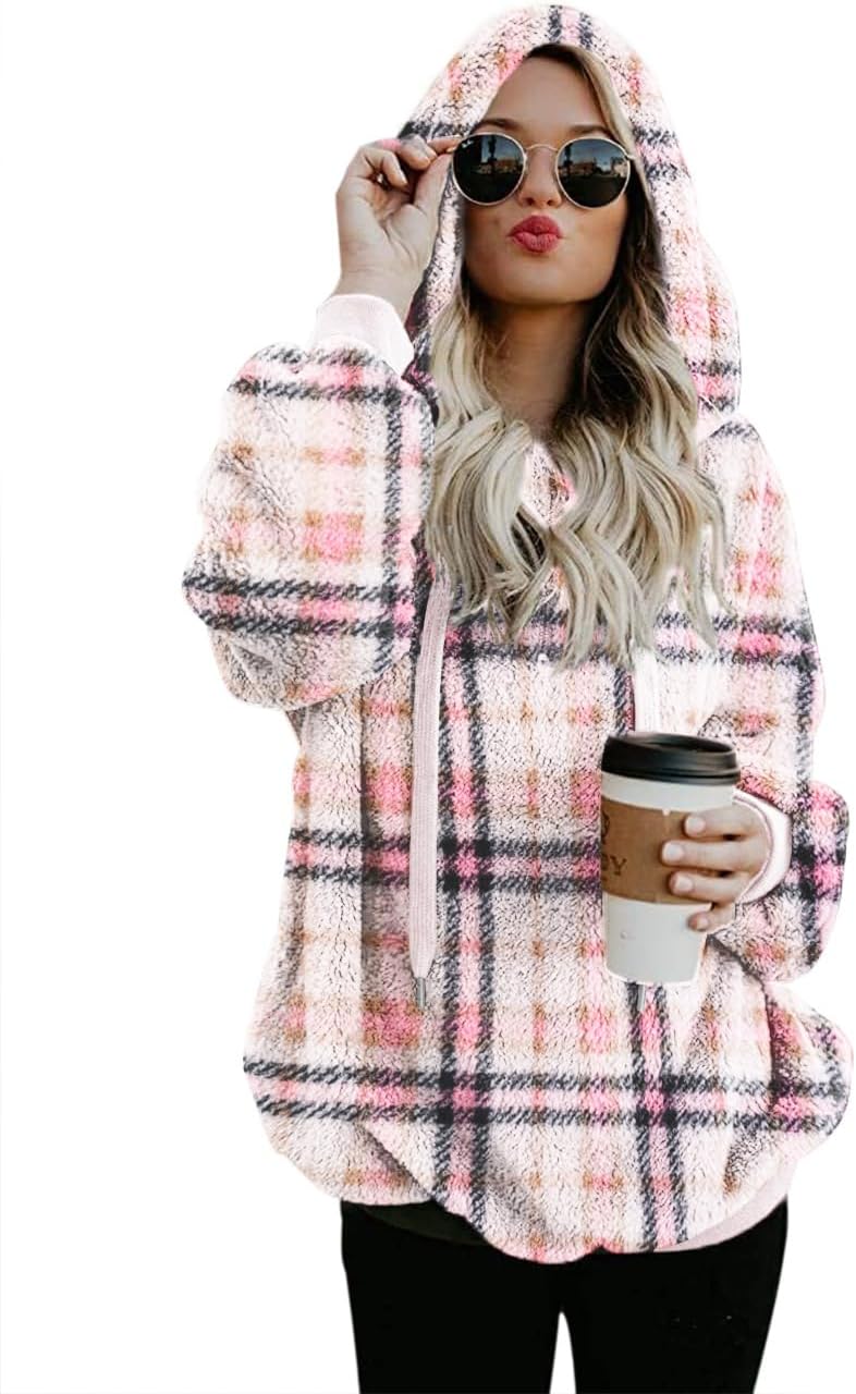 Women Casual Double Fuzzy Sweatshirt Zip Pullover Hoodies Coat