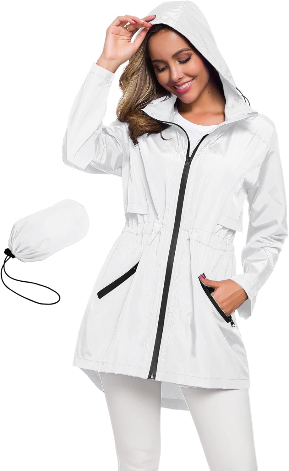 Women's Long Waterproof Raincoat with Hood - Lightweight Windbreaker