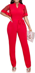 Womens V Neck Mesh Ruffle Sleeve Jumpsuit - Casual to Dressy