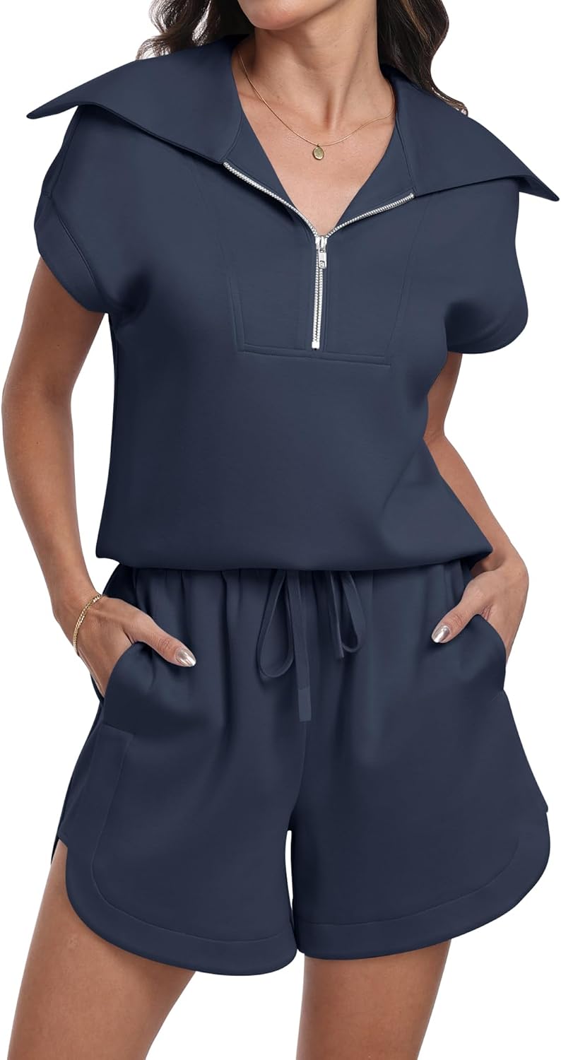 Stylish Two Piece Sets for Women Summer Half Zip Short Set