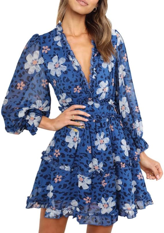 Dokotoo Womens Floral Print Mini Dress with Ruffle Sleeves