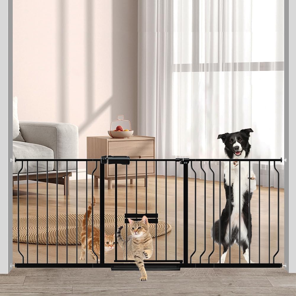 Extra Wide Dog Gates for Doorways with Cat Door and Locking System