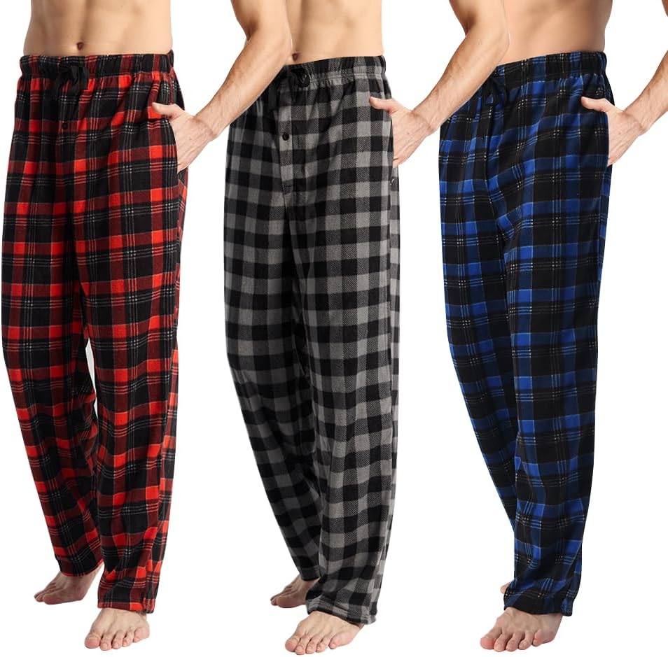 Men's Fleece Pajama Pants with Pockets and Button Fly for Comfort
