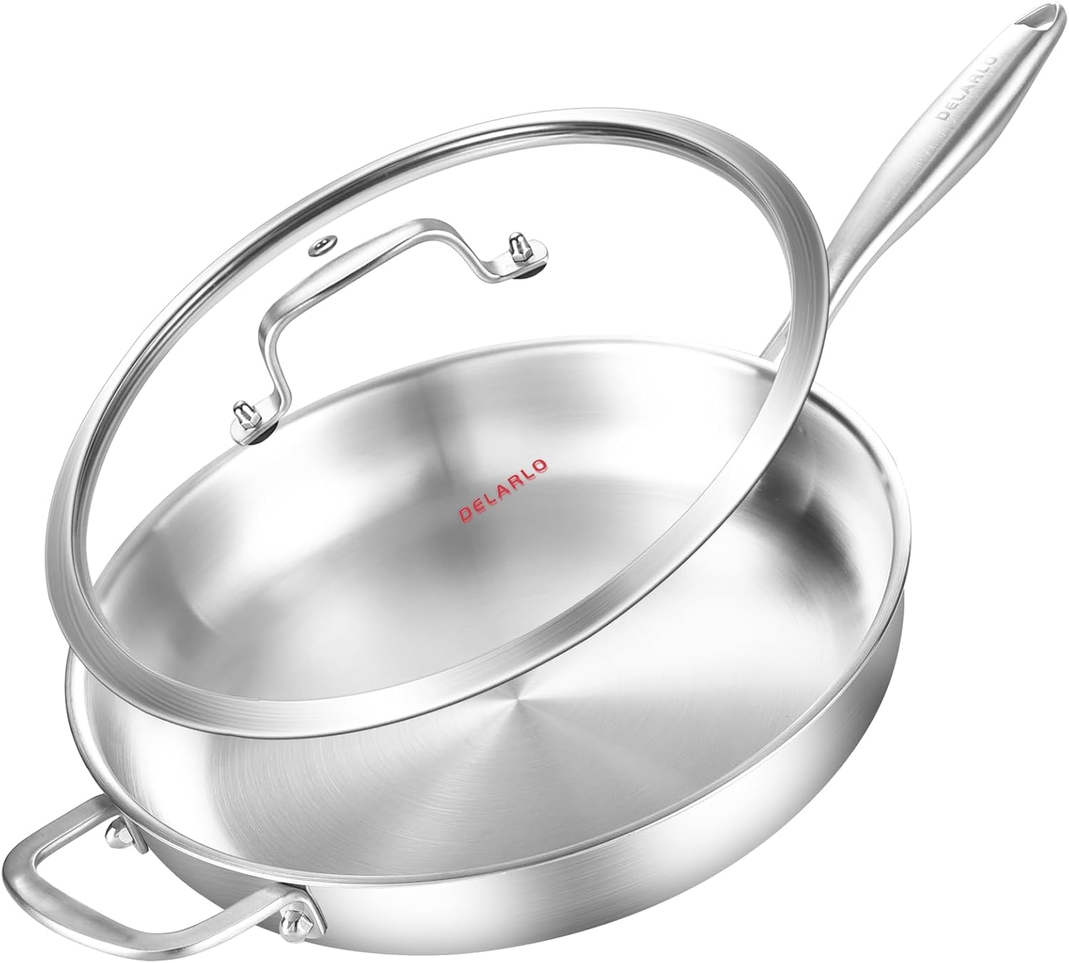 DELARLO Tri-Ply Stainless Steel Pan with Lid 12in for All Cooktops