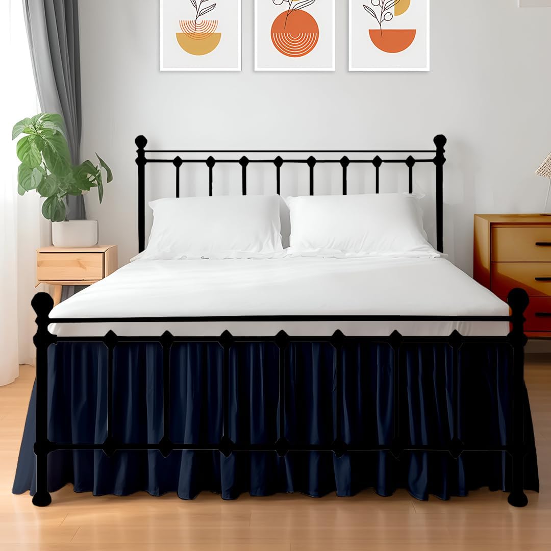 Luxurious Navy Blue Ruffled Bed Skirt for Cal-King Beds