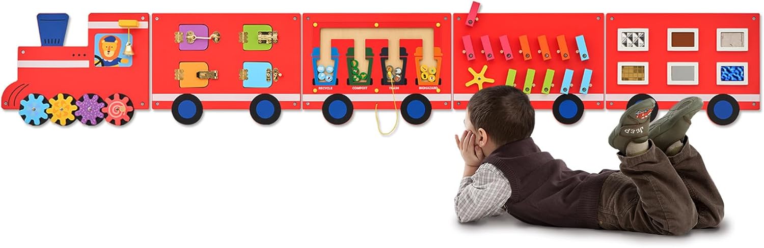 Monlaurd Wooden Train Activity Wall Panel for Kids Fun