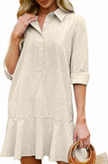 Cotton Linen Mini Shirt Dress for Women - Ruffle Hem Shift