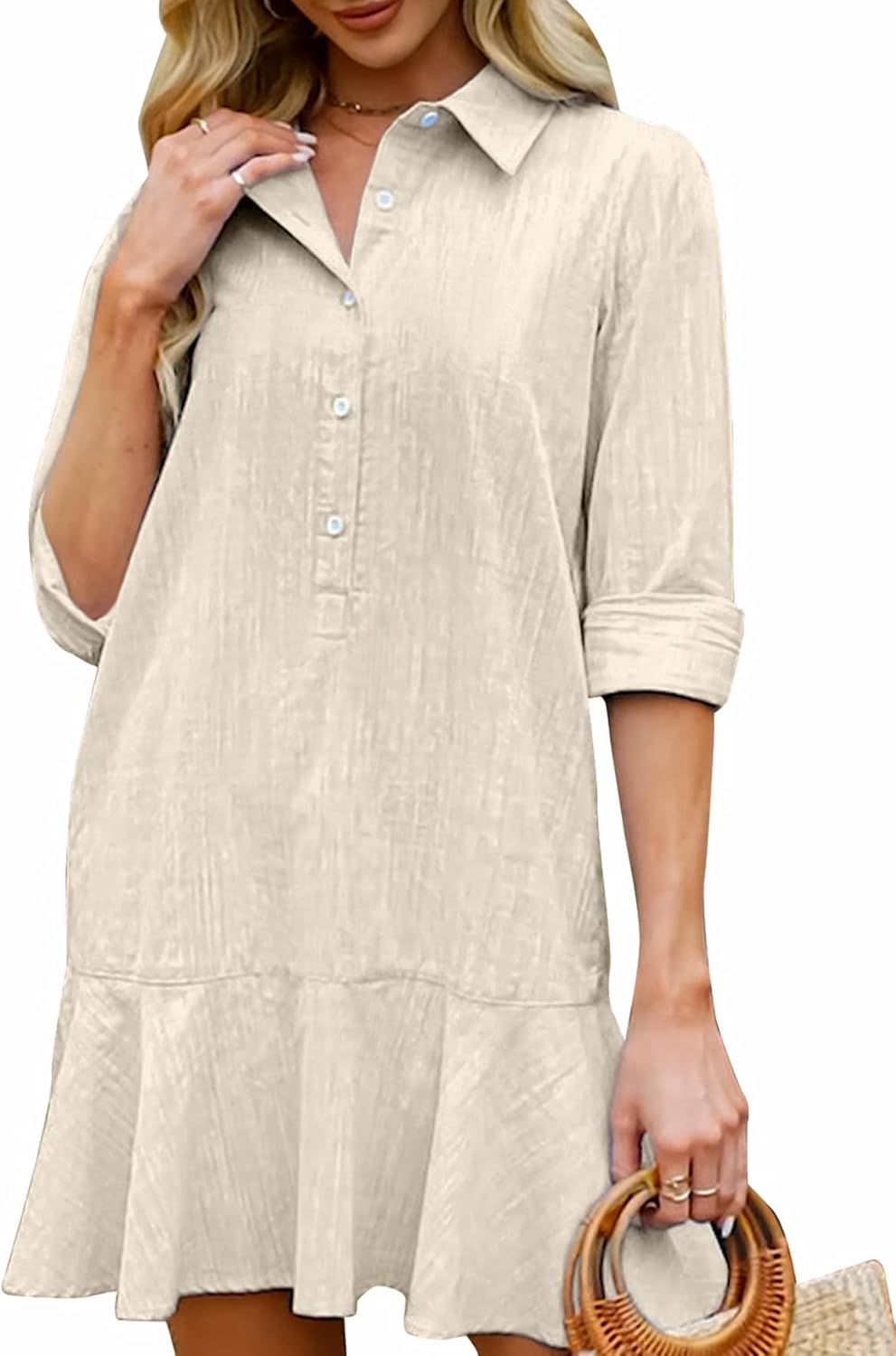 Womens Tunic Shirt Mini Dress Long Sleeve Cotton Chic Style