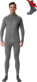Mens Merino Wool Base Layer Set Midweight Zip-Up - Thermal Comfort