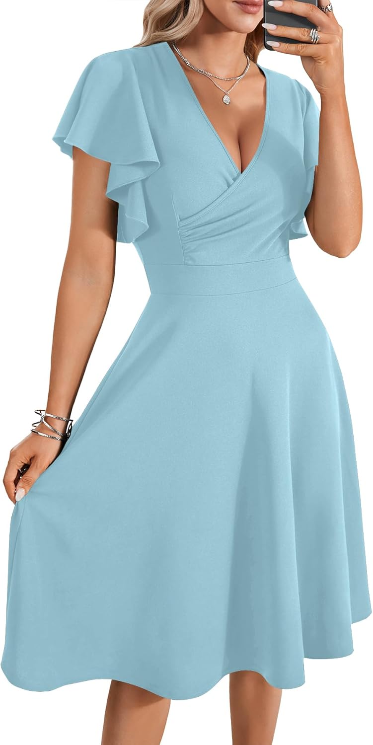 LYANER Women's Ruffle Sleeve A Line Midi Dress for Parties