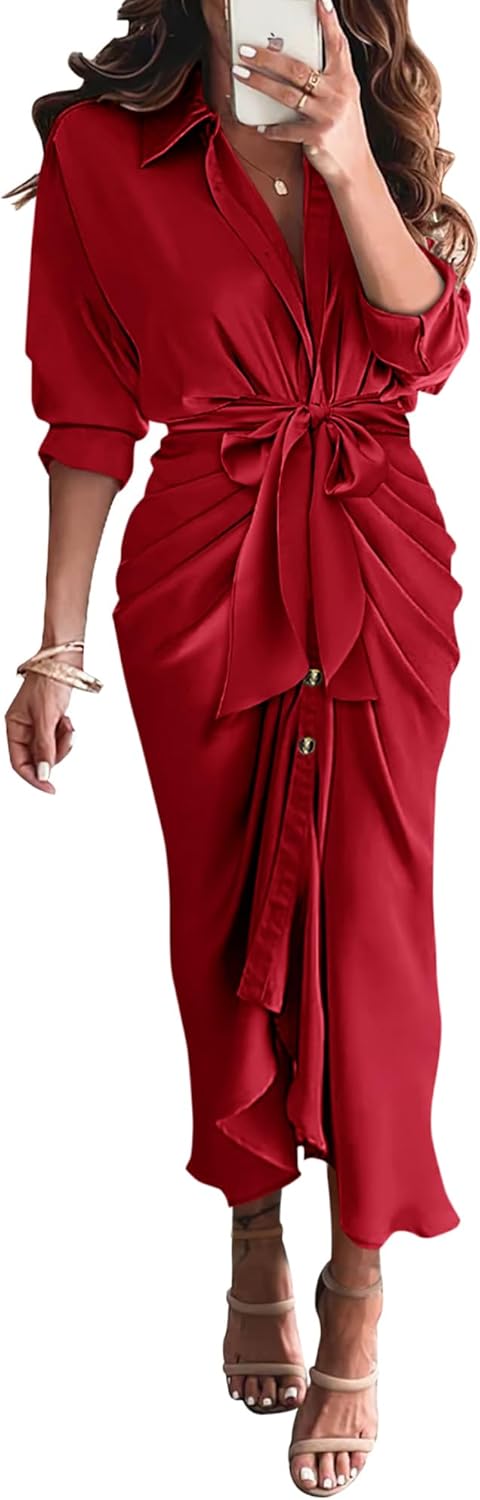 Elegant Satin Maxi Dress for Women - Long Sleeve Shirt Dress