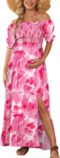 Floral Maternity Dress Square Neck Puff Sleeve - Chiffon Maxi