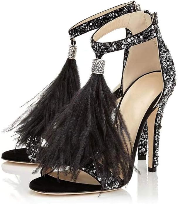 Hinyyrin Women's Tassels Rhinestone Heeled Sandals for Weddings