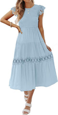 ZESICA Smocked High Waist Flutter Sleeve Midi Dress - Flattering