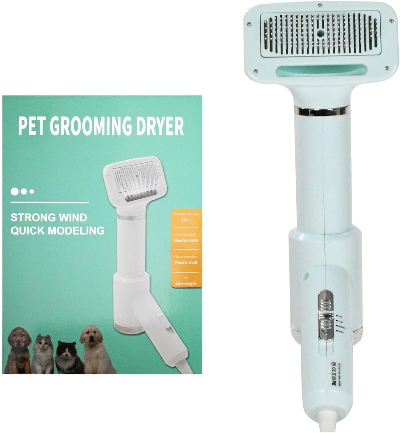 Silent Dog Dryer Brush - Fast Grooming, Safe Heat - Blue