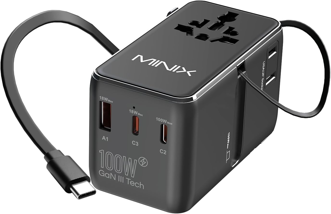 MINIX 100W Universal Travel Adapter with USB C Cable for Travel