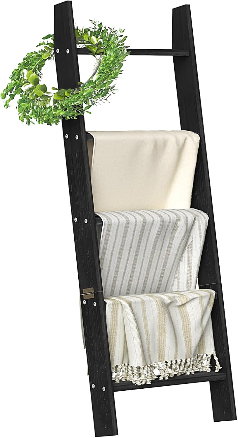 5-Tier Blanket Ladder for Living Room - Rustic Wooden Decor