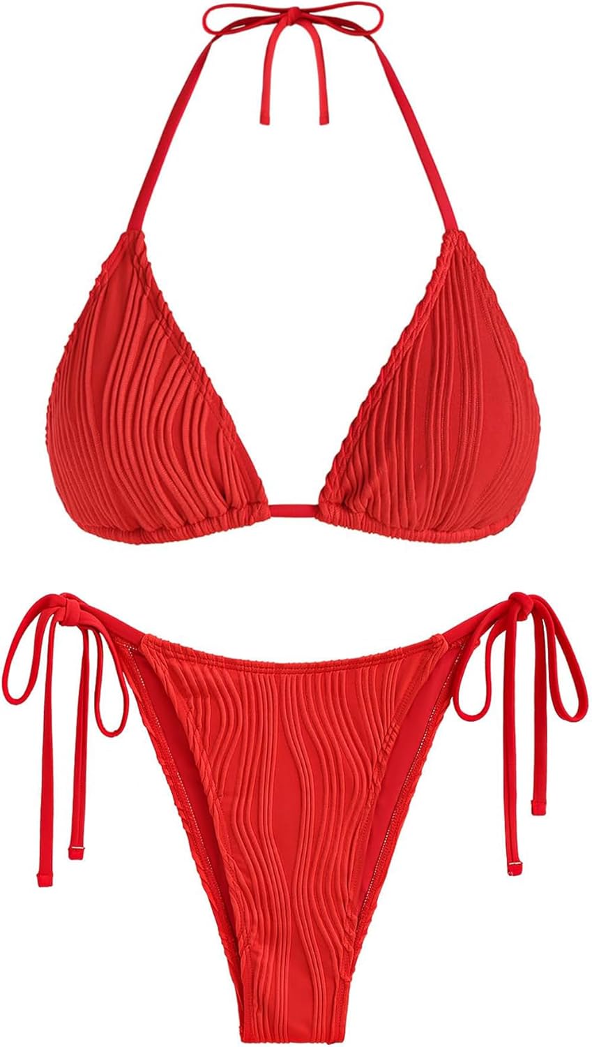 ZAFUL High Cut Triangle Bikini - Sexy Wave Textured Swimsuit