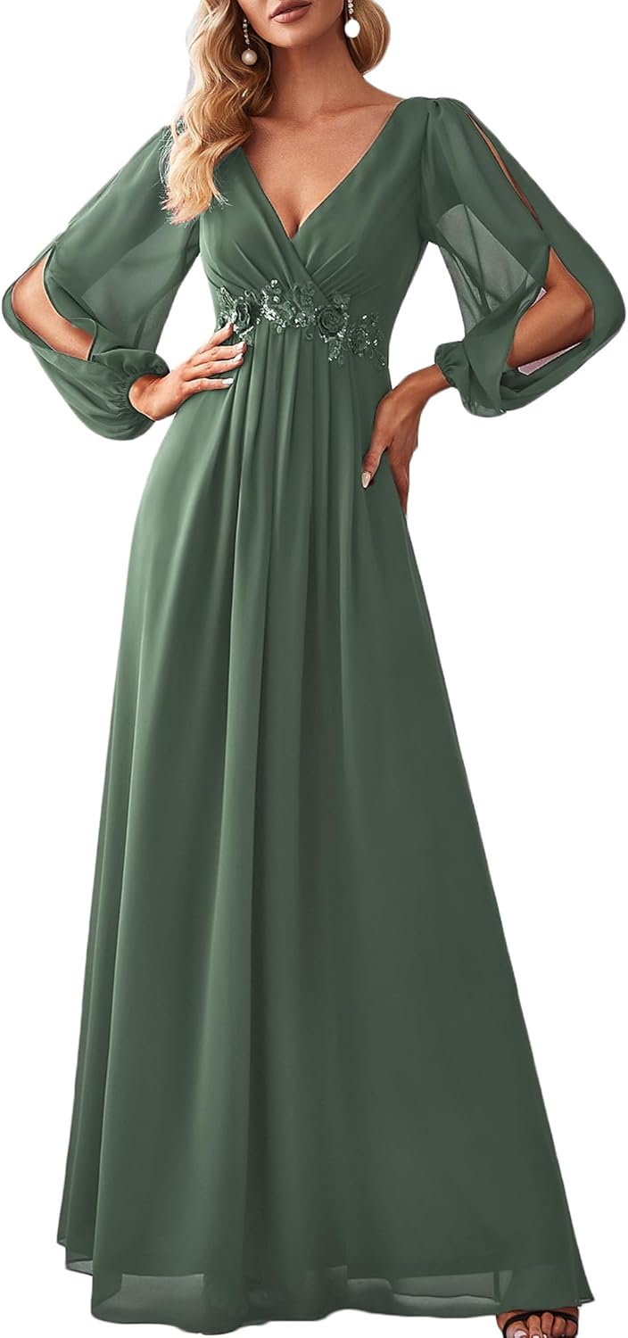 Elegant V Neck Long Lantern Sleeve Floor Length Dress