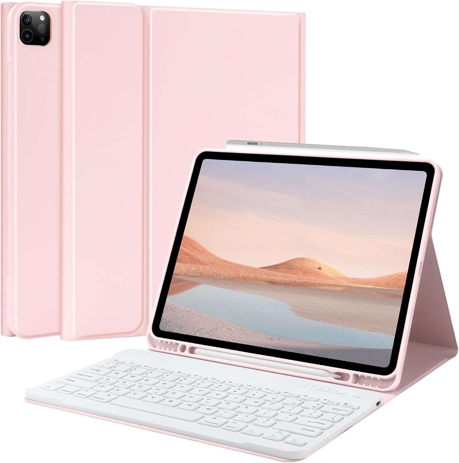 TQQ iPad Air 13-inch & Pro 12.9 Case with Keyboard - Pink